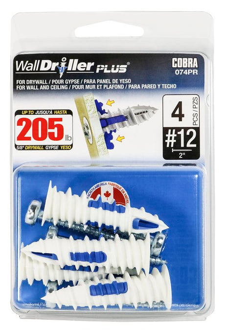 Cobra Anchors WallDriller PLUS 074PR Drywall Anchor, 2.11 in L, Acetyl/Nylon