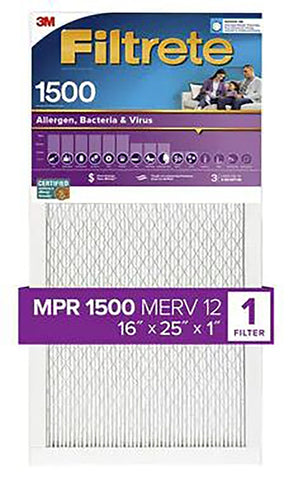 Filtrete 2001-4-HR Furnace Air Filter, 25 in L, 16 in W, 1-Pleat, 12 MERV, 12 MPR, Pack of 4