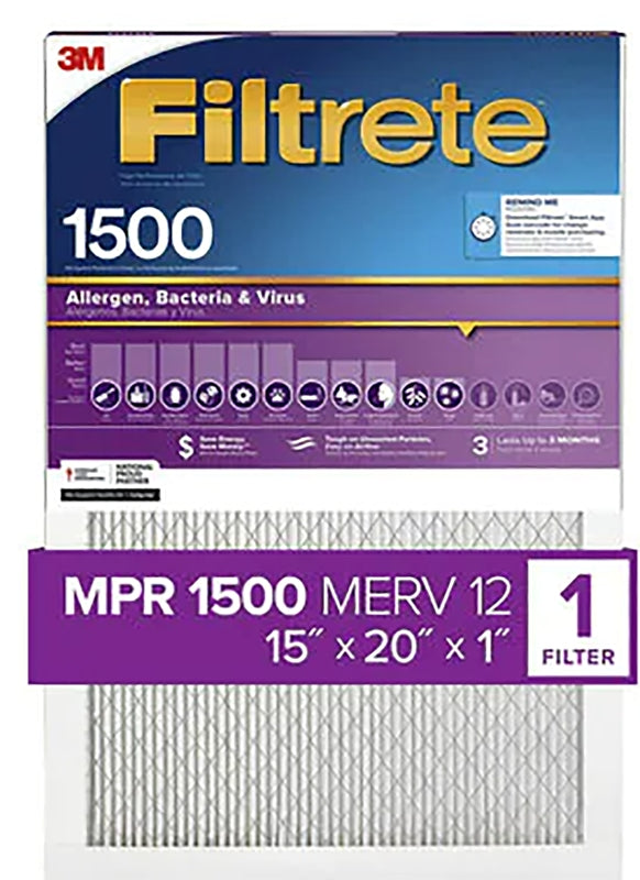 Filtrete 2006DC-4 Air Filter, 20 in L, 15 in W, 12 MERV, 1500 MPR, For: Air Conditioner, Furnace and HVAC System, Pack of 4