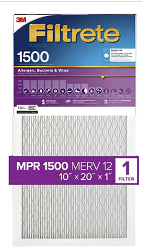 Filtrete 2007DC-4 Air Filter, 20 in L, 10 in W, 12 MERV, 1500 MPR, For: Air Conditioner, Furnace and HVAC System, Pack of 4