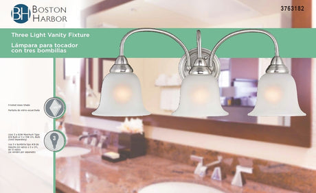 Boston Harbor LYB130928-3VL-BN Vanity Light Fixture, 60 W, 3-Lamp, A19 or CFL Lamp, Steel Fixture