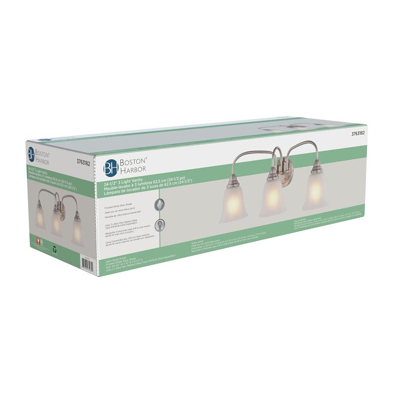 Boston Harbor LYB130928-3VL-BN Vanity Light Fixture, 60 W, 3-Lamp, CFL Lamp, Steel Fixture, Brushed Nickel Fixture