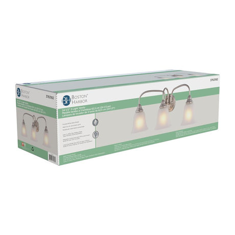 Boston Harbor LYB130928-3VL-BN Vanity Light Fixture, 60 W, 3-Lamp, CFL Lamp, Steel Fixture, Brushed Nickel Fixture