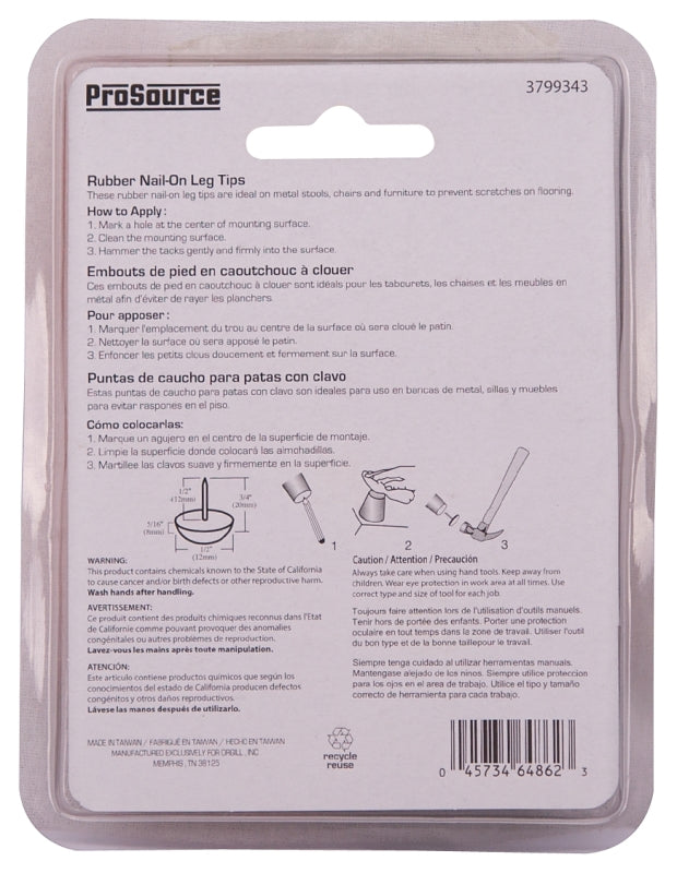 ProSource FE-50670-PS Furniture Leg Tip, Round, Rubber, Black, 1/2 in Dia, 3/4 in H