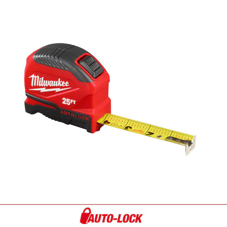 Milwaukee 48-22-1825 Tape Measure, 25 ft L Blade, 1 in W Blade, Steel Blade, Plastic Case, Black/Red Case