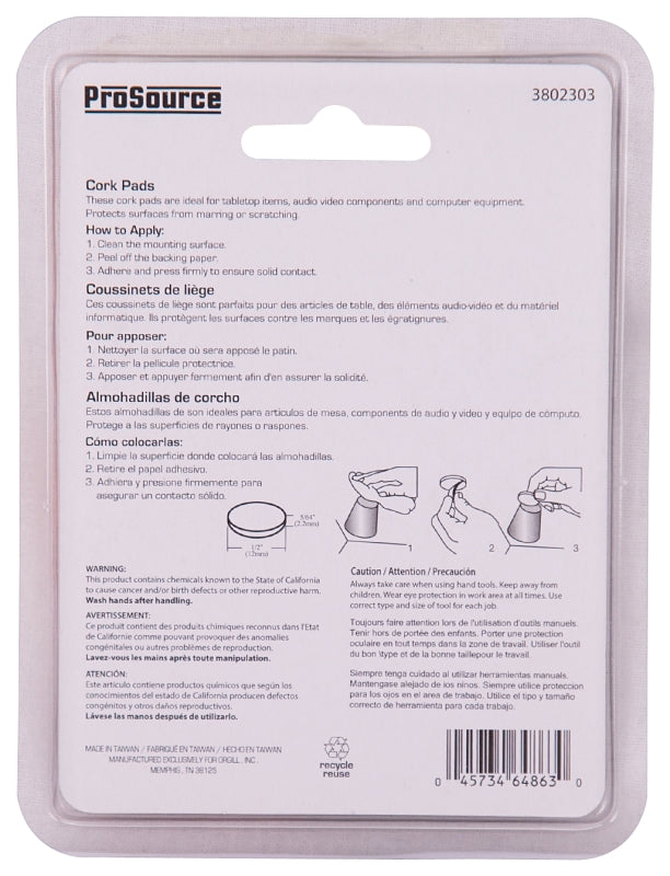 ProSource FE-50700-PS Furniture Pad, Cork, Wood, 1/2 in Dia, 5/64 in Thick, Round