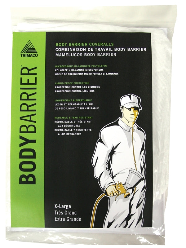 Trimaco 09955 Protective Coveralls, XL, Zipper, Polyolefin, White