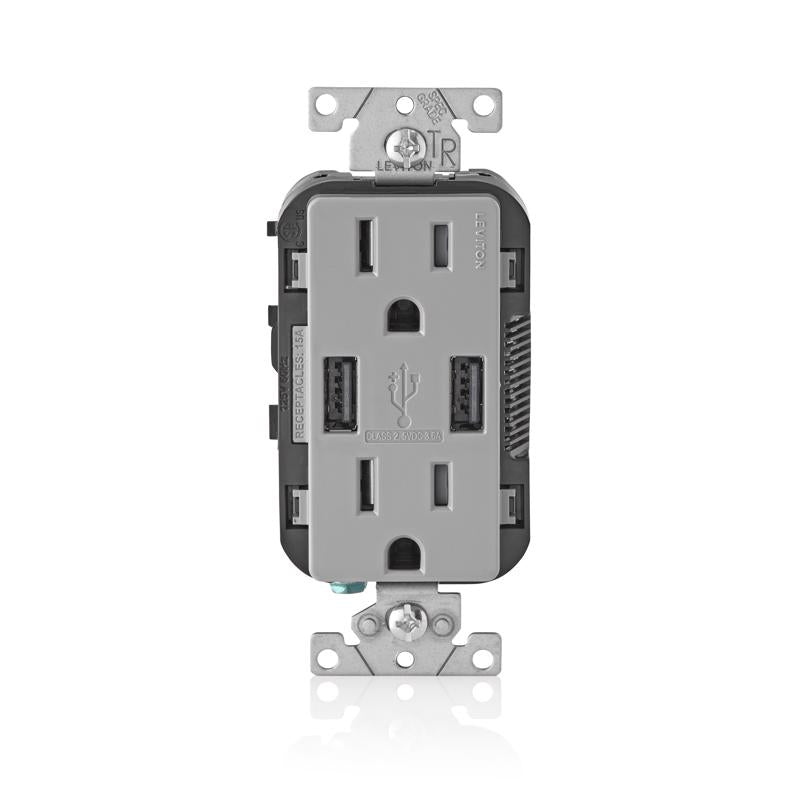 Leviton Decora 15 amps 125 V Gray Outlet and USB Charger 5-15R 1 pk ...