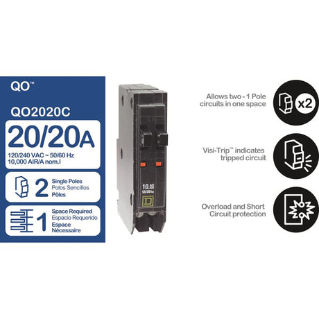Square D QO 20 amps Tandem Single Pole Circuit Breaker