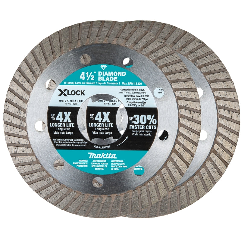 Makita X-LOCK E-07222 Blade, Diamond Blade, 4-1/2 in Dia, 7/8 in Arbor, Turbo Rim, 2/PK