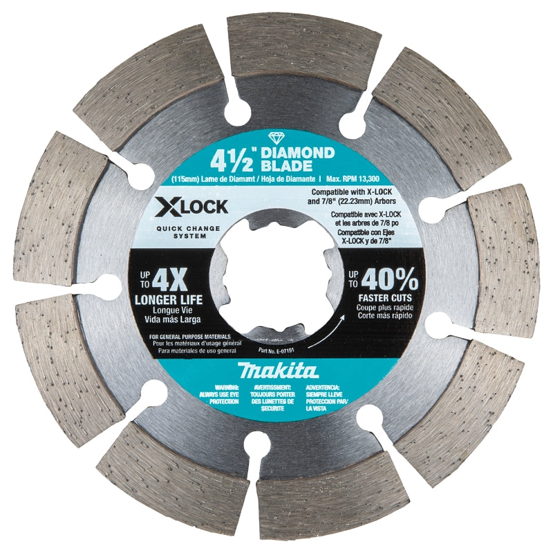 Makita X-LOCK E-07191 Blade, Diamond Blade, 4-1/2 in Dia, 7/8 in Arbor, Segmented Rim