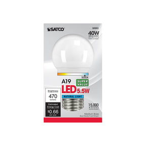 Satco A19 E26 (Medium) LED Bulb Natural Light 40 Watt Equivalence 1 pk, Pack of 6