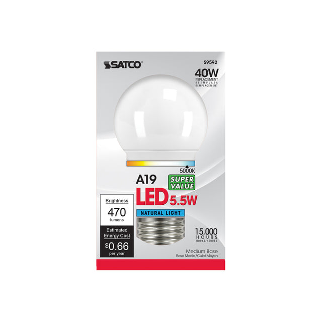 Satco A19 E26 (Medium) LED Bulb Natural Light 40 Watt Equivalence 1 pk, Pack of 6