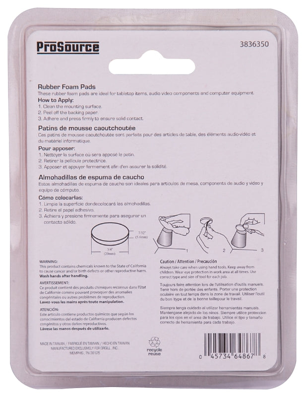 ProSource FE-50720-PS Furniture Pad, SBR, Black, 3/4 in Dia, 7/32 in Thick, Round