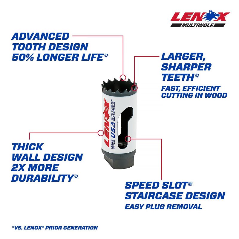 Lenox Speed Slot 3001616L Hole Saw, 1 in Dia, 1-7/8 in D Cutting, 1/2-20 Arbor, 4/5 TPI, Bi-Metal Cutting Edge
