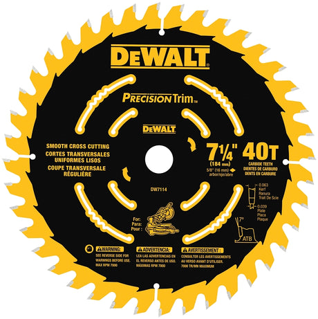 DEWALT DW7114PT Miter Saw Blade, 7-1/4 in Dia, 40-Teeth, Carbide Cutting Edge