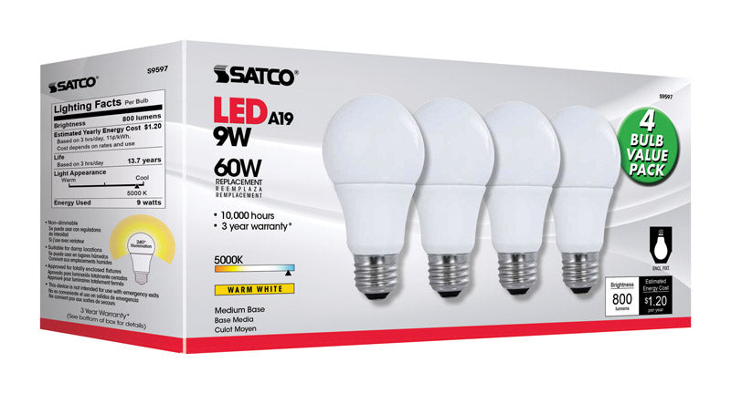 Satco Type A A19 E26 (Medium) LED Bulb Natural Light 60 Watt Equivalence 4 pk, Pack of 12