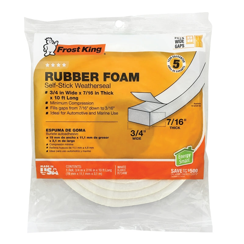 Frost King R734WH Foam Tape, 3/4 in W, 10 ft L, 7/16 in Thick, Rubber, White