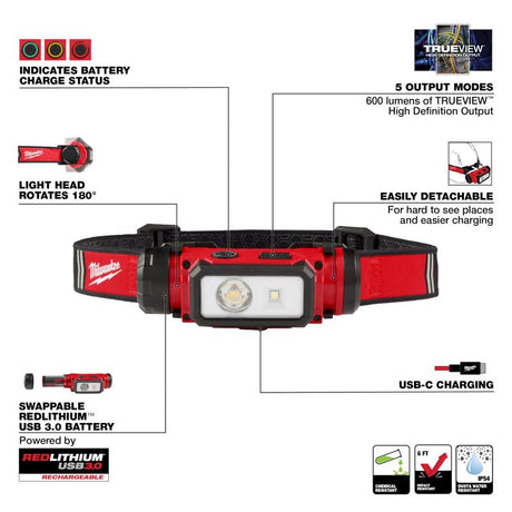 Milwaukee Redlithium 600 lm Black/Red LED Head Lamp
