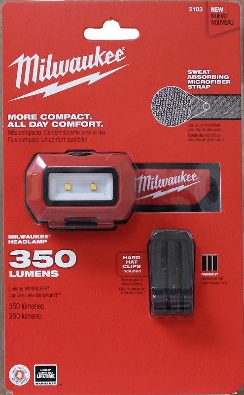 Milwaukee 2103 Headlight, AAA Battery, Alkaline Battery, LED Lamp, 350 Lumens, Wide Flood Beam, 31 hr Run Time, Red