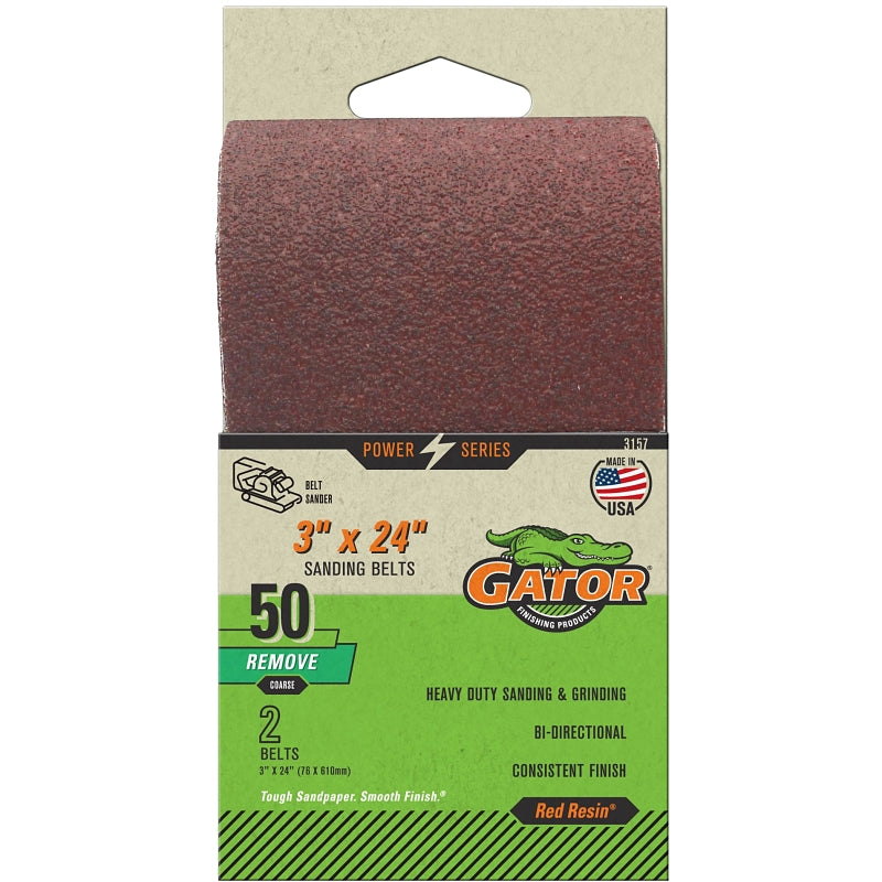 Gator 3157 Sanding Belt, 3 in W, 24 in L, 50 Grit, Coarse, Aluminum Oxide Abrasive