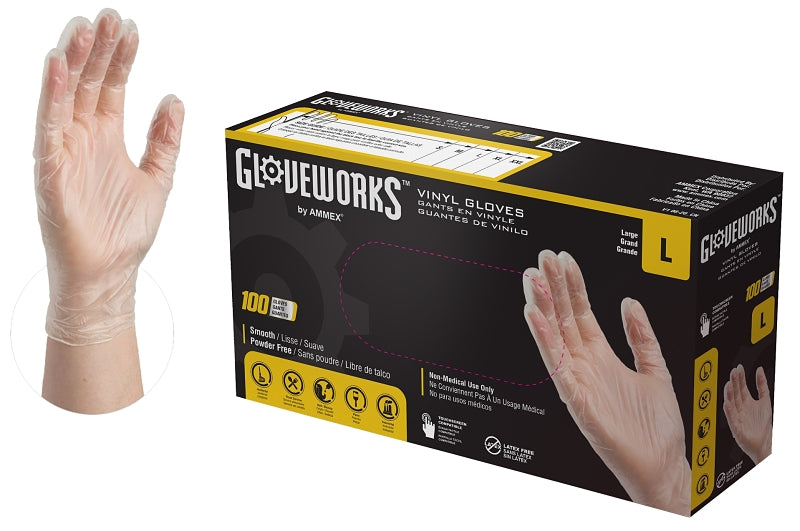 Gloveworks IVPF46100 Disposable Gloves, L, Vinyl, Powder-Free, Clear, 11.73 in L