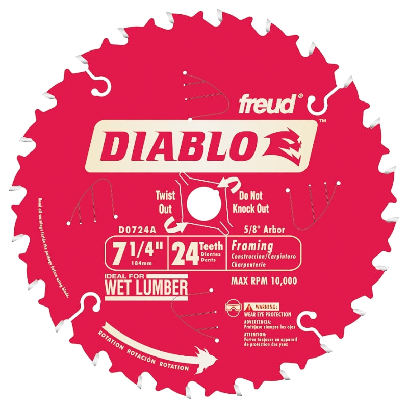 Diablo D0724A Circular Saw Blade, 7-1/4 in Dia, 5/8 in Arbor, 24-Teeth, 10,000 rpm, Carbide Cutting Edge, Pack of 10