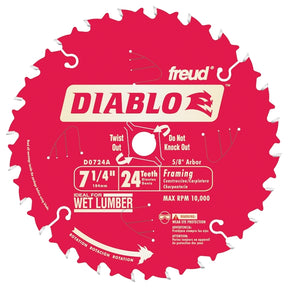 Diablo D0724A Circular Saw Blade, 7-1/4 in Dia, 5/8 in Arbor, 24-Teeth, 10,000 rpm, Carbide Cutting Edge, Pack of 10