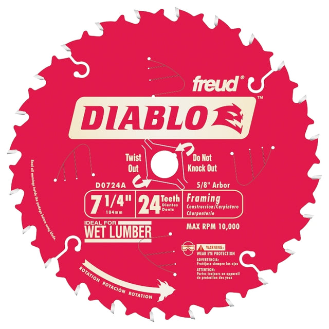 Diablo D0724A Circular Saw Blade, 7-1/4 in Dia, 5/8 in Arbor, 24-Teeth, 10,000 rpm, Carbide Cutting Edge, Pack of 10