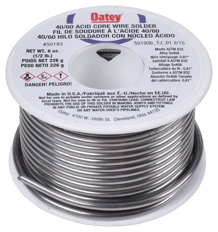 Oatey 50193 Acid Core Wire Solder, 1/2 lb, Solid, Silver, 360 to 460 deg F Melting Point