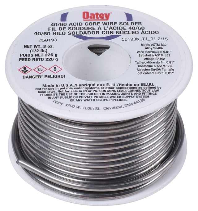 Oatey 50193 Acid Core Wire Solder, 1/2 lb, Solid, Silver, 360 to 460 deg F Melting Point