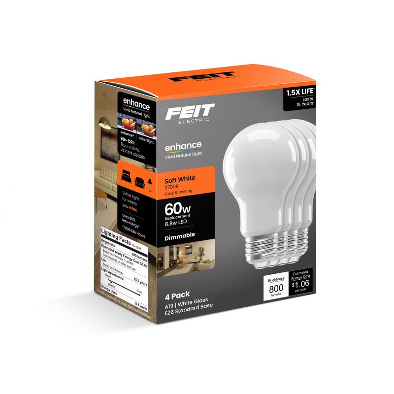Feit Enhance A19 E26 (Medium) LED Bulb Soft White 60 Watt Equivalence 4 pk, Pack of 4