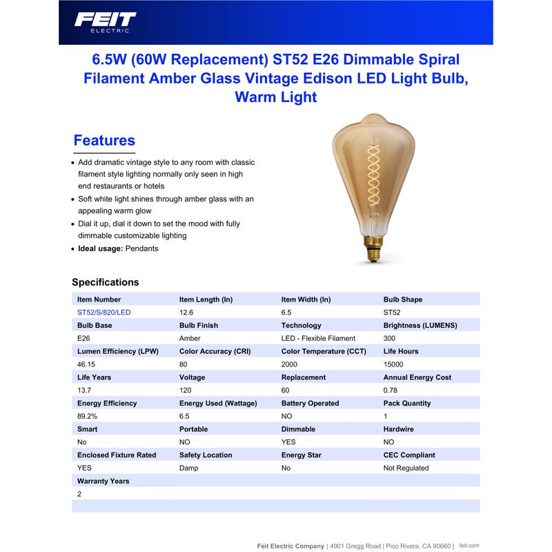 Feit ST52 E26 (Medium) LED Bulb Amber 60 Watt Equivalence 1 pk