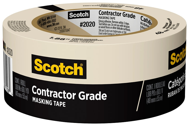 Scotch 2020-48MP Masking Tape, 60.1 yd L, 1.88 in W, 0.11 in Thick, Polyethylene Film Backing, Tan