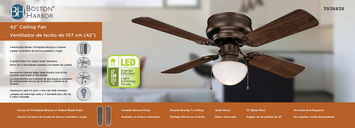 Boston Harbor CF-78125-ORB Ceiling Fan, 4-Blade, Venetian Bronze Housing, 42 in Sweep, MDF Blade, 3-Speed