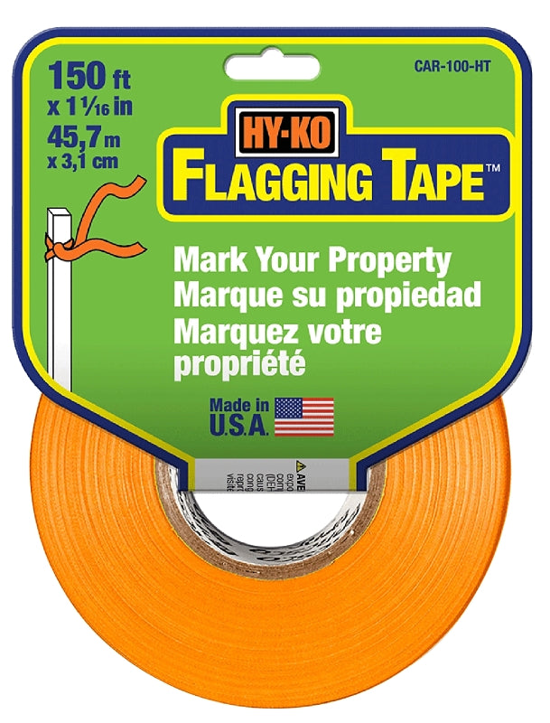 Hy-Ko CAR-100-HT Flagging Tape, 150 ft L, 1-1/16 in W, Orange, Plastic, Pack of 3