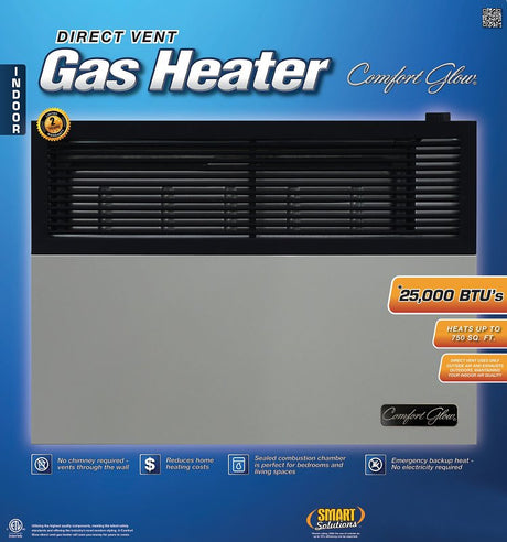 Comfort Glow DVP25 Direct Vent Wall Heater, LPG, 25,000 Btu/h BTU, 825 sq-ft Heating Area, 70 % Efficiency, Black/Gray
