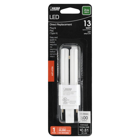 Feit Electric BPPLD13827LDHDR LED Bulb, PL Lamp, 13 W Equivalent, GX23-2 Lamp Base, White, Soft White Light