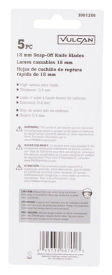 Vulcan JL-RB01 Blade, 18 mm, 4-1/4 in L, Carbon Steel, Single Edge, 1-Point, Pack of 20