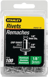 STANLEY PAA42-1B Pop Rivet, Reusable, 1/8 in Grip, 1/8, 1-1/2 in L, Aluminum, 100/PK