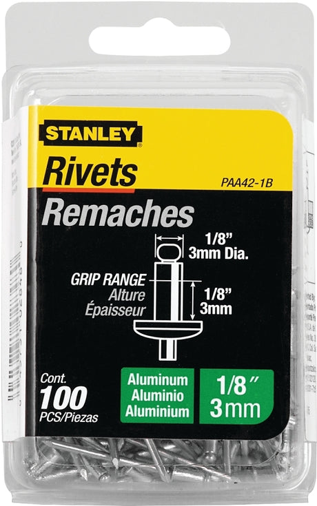 STANLEY PAA42-1B Pop Rivet, Reusable, 1/8 in Grip, 1/8, 1-1/2 in L, Aluminum, 100/PK
