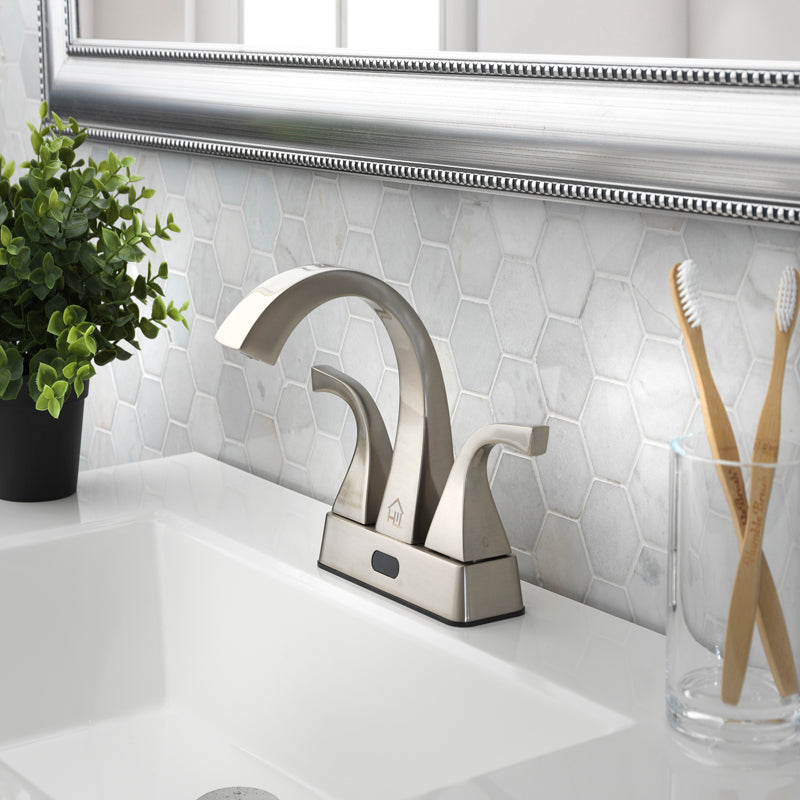 Homewerks Brushed Nickel Motion Sensing Modern Centerset Bathroom Sink Faucet 4 in.