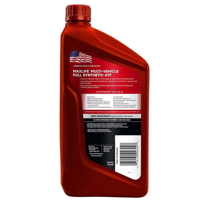 Valvoline MAXLIFE VV3246 Automatic Transmission Fluid, 1 qt, Bottle, Pack of 6