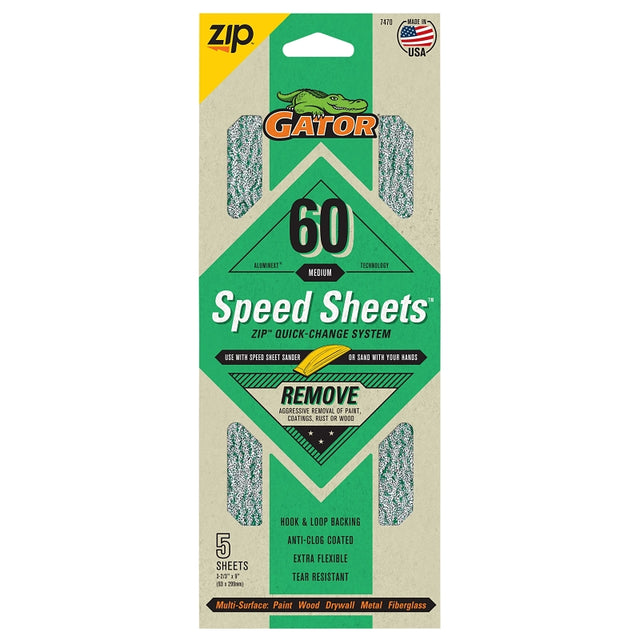 Gator 7470 Hook and Loop Sandpaper, 9 in L, 3-2/3 in W, 60 Grit, Aluminum Oxide Abrasive, Latex Paper Backing
