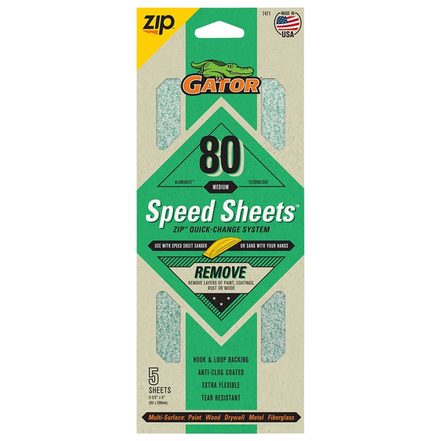 Gator 7471 Hook and Loop Sandpaper, 9 in L, 3-2/3 in W, 80 Grit, Aluminum Oxide Abrasive, Latex Paper Backing
