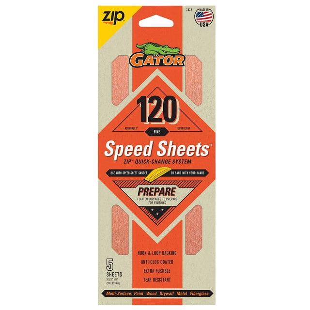 Gator 7473 Hook and Loop Sandpaper, 9 in L, 3-2/3 in W, 120 Grit, Aluminum Oxide Abrasive, Latex Paper Backing