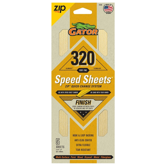 Gator 7478 Hook and Loop Sandpaper, 9 in L, 3-2/3 in W, 320 Grit, Aluminum Oxide Abrasive, Latex Paper Backing