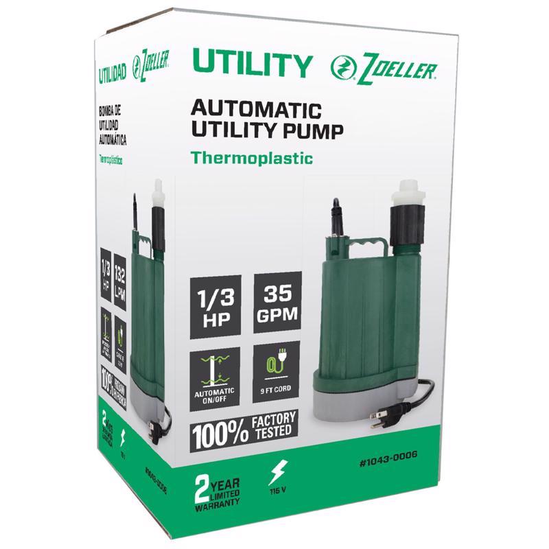 Zoeller 1/3 HP 2100 gph Thermoplastic Electronic Switch Bottom AC Submersible Utility Pump