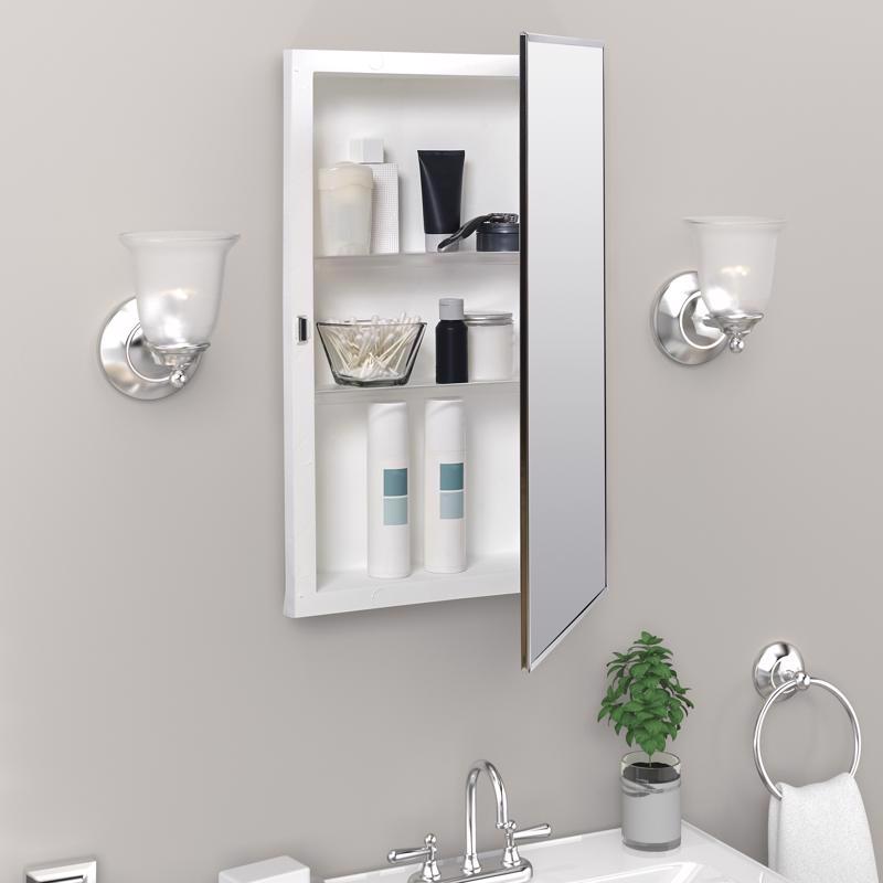 Zenith 105 Medicine Cabinet, 16-1/8 in OAW, 4-1/2 in OAD, 26-1/8 in OAH, Plastic/Stainless Steel, 2-Shelf