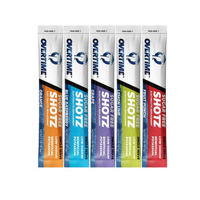 Overtime 55-SINGLESERVE Shotz Variety Pack, Fruit Punch, Grape, Lemon-Lime, Orange, Raspberry Blue, 200 g